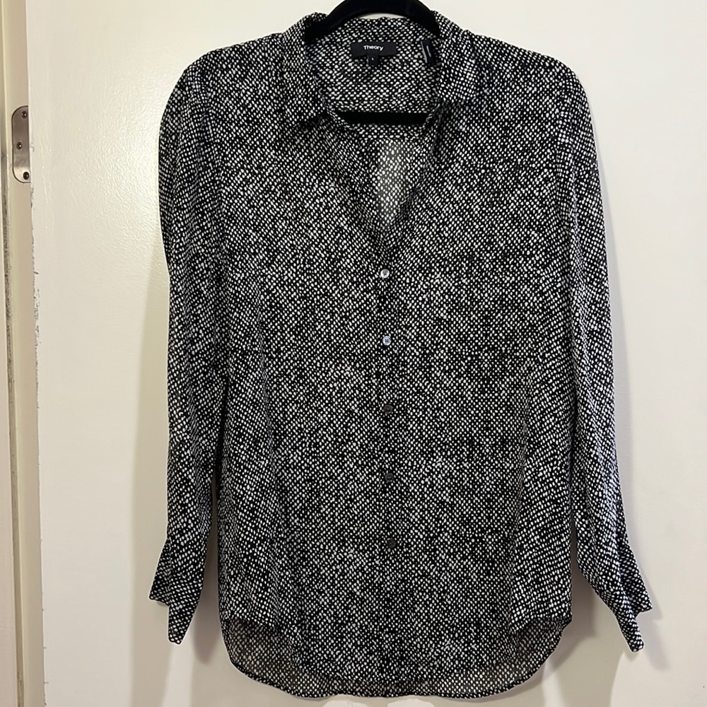 Theory black print blouse top size s
